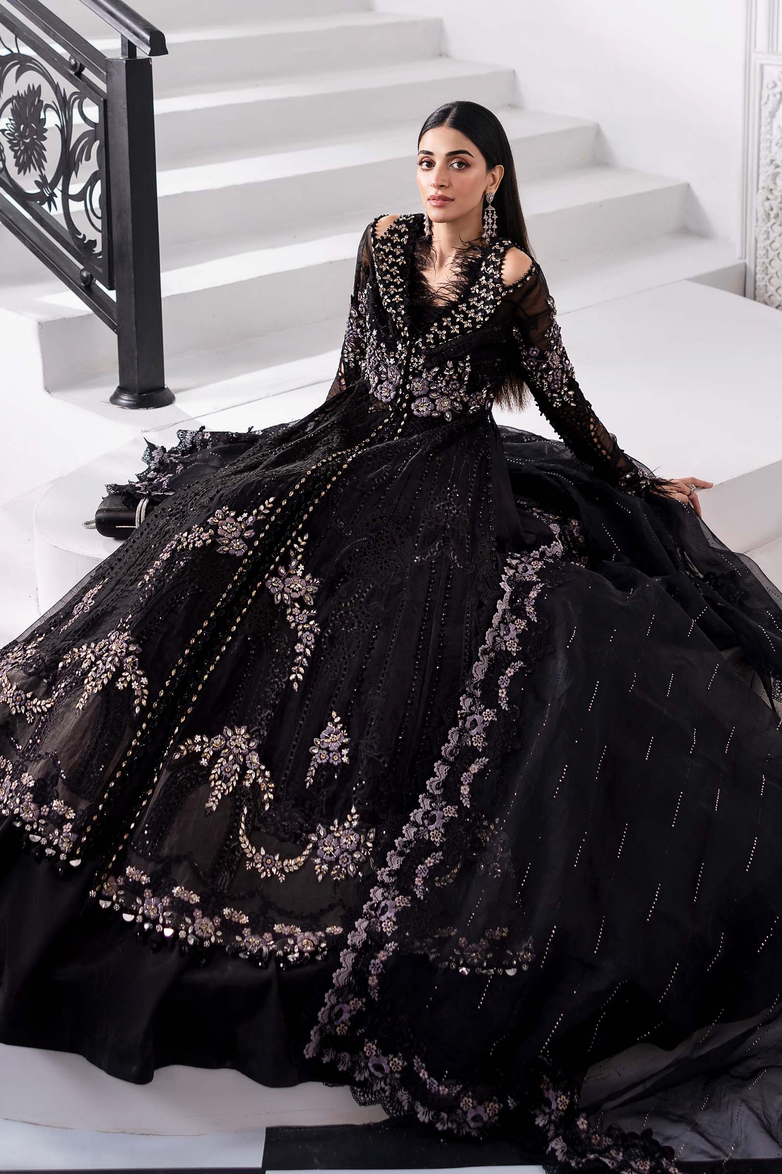 3 Piece Unstitched Embroidered Organza MC BLACK pakistani fashion…